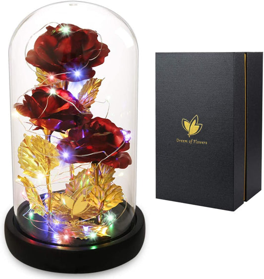 Valentines Day Gifts for Her,Valentines Rose Galaxy Flower Red Rose in Glass Dome,Light up Rose Flowers with 2 Lighting Mode,Enchanted Rose Gifts for Women for Birthday Valentines Day Wedding