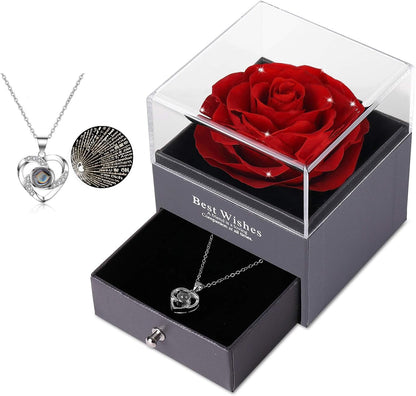 Mothers Day Flower Gifts for Her, Preserved Real Flower Rose with Silver-Tone Heart Necklace I Love You in 100 Languages Gift Set, Enchanted Flower Rose Gifts, Blue