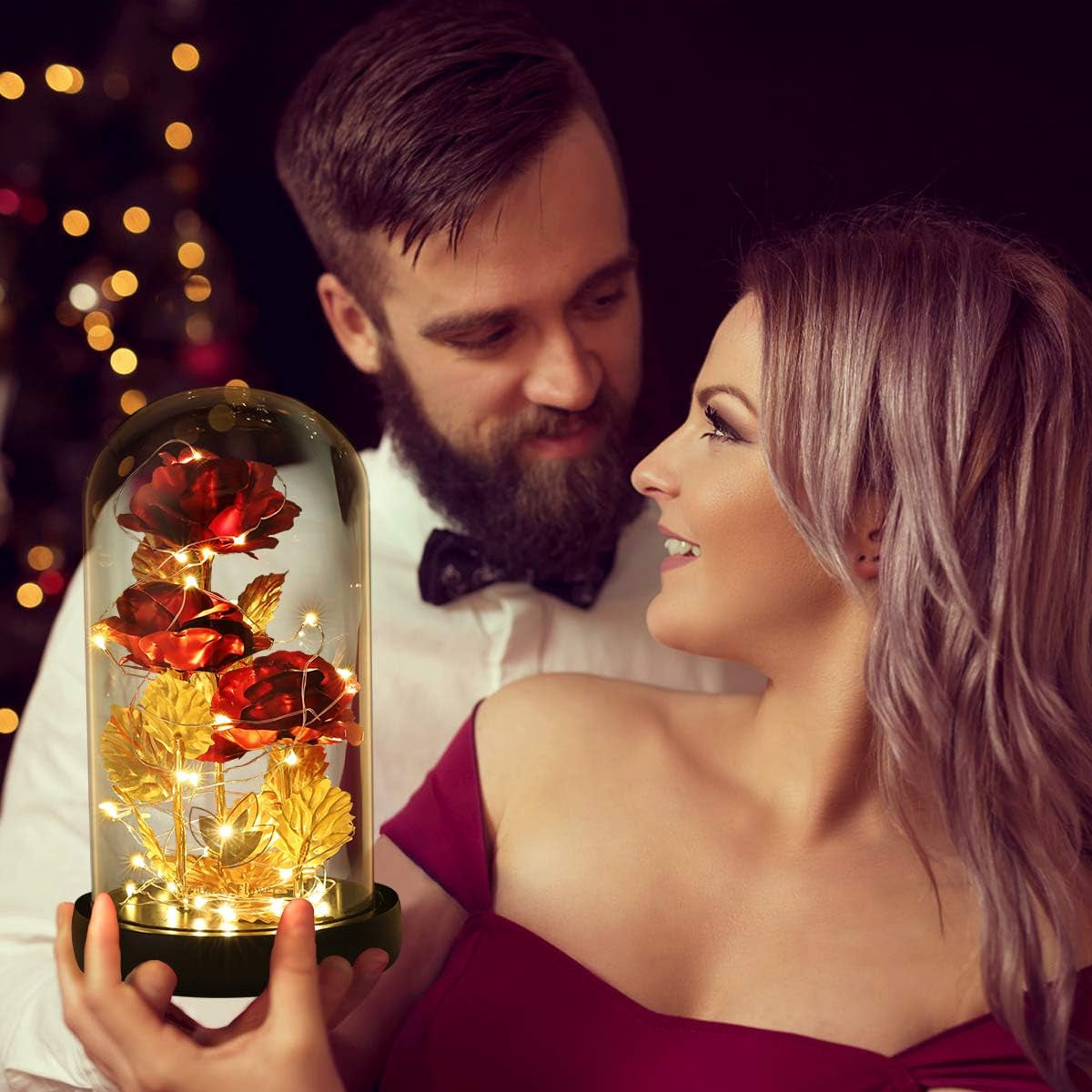 Valentines Day Gifts for Her,Valentines Rose Galaxy Flower Red Rose in Glass Dome,Light up Rose Flowers with 2 Lighting Mode,Enchanted Rose Gifts for Women for Birthday Valentines Day Wedding